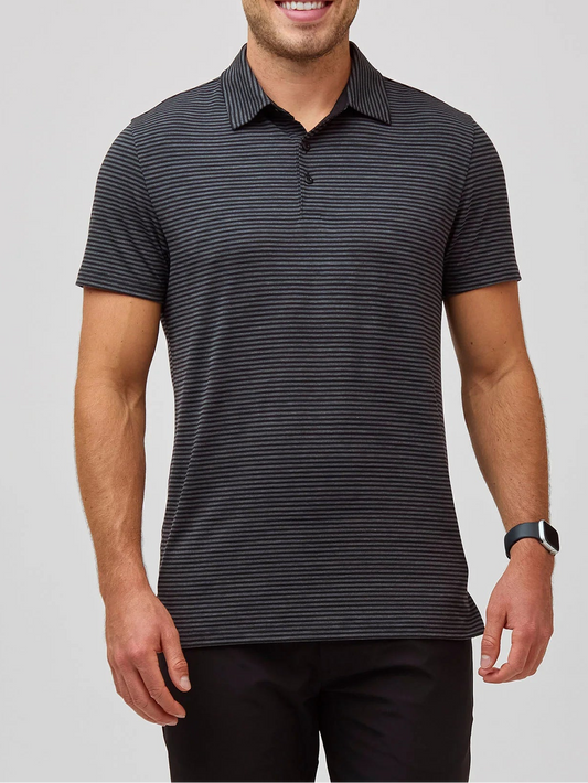 T-Shirt Plus Black Charcoal Striped Active Polo – Model Front View