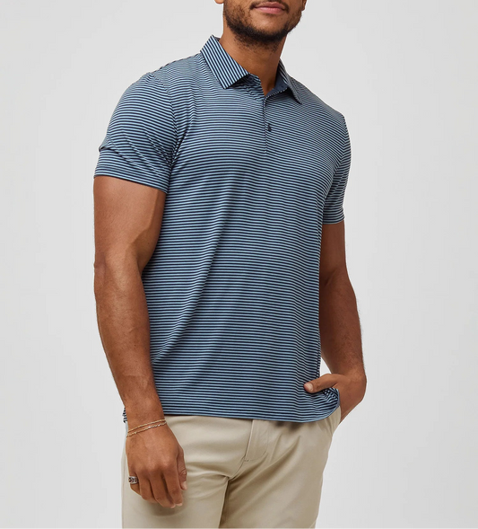 T-Shirt Plus Navy Wedgewood Striped Active Cool Polo – Model Side View