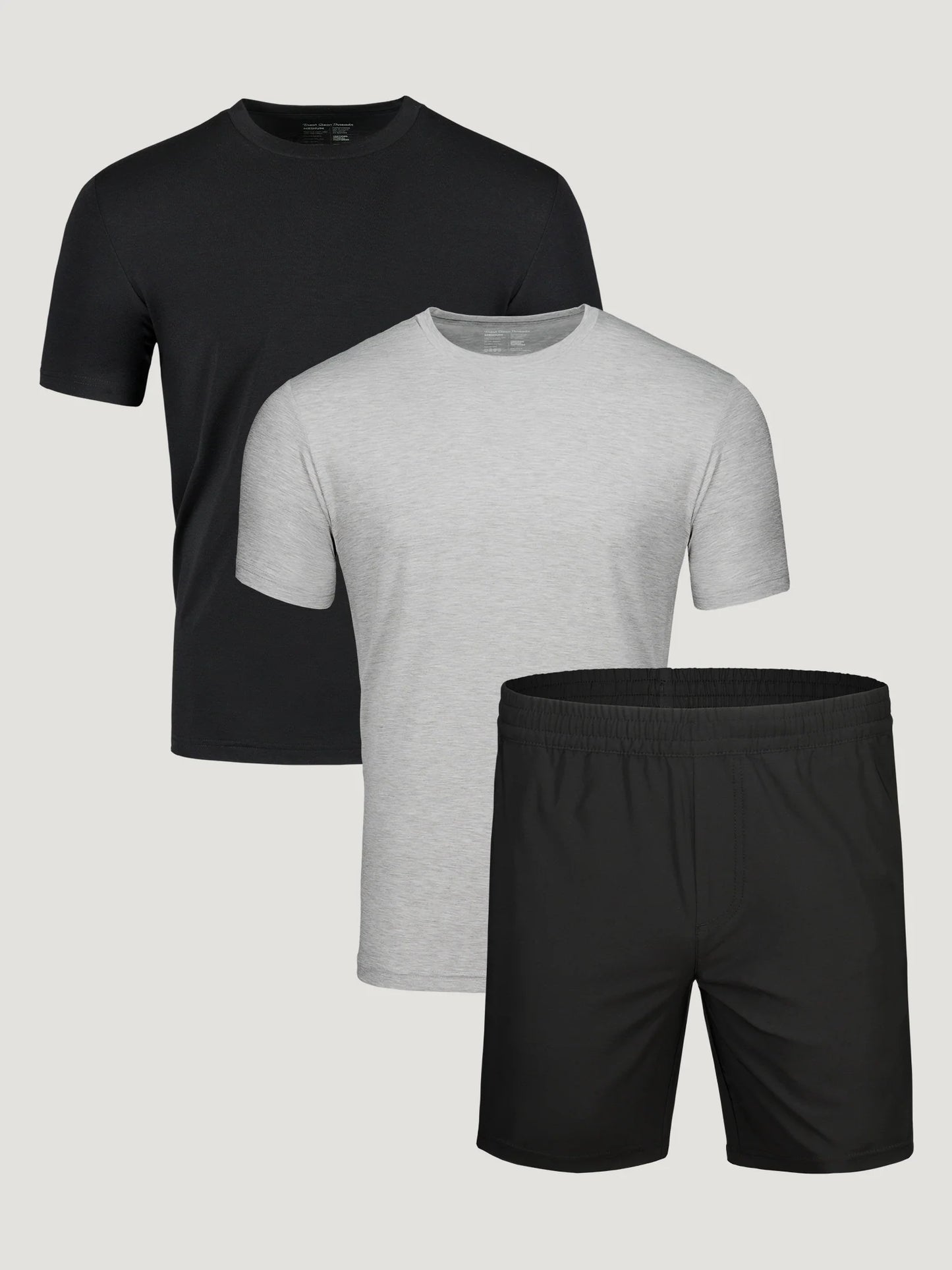 T-Shirt Plus Basics Workout Pack with black and heather grey performance crew necks and black stretch shorts