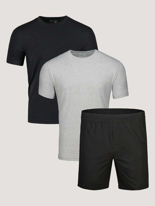 T-Shirt Plus Basics Workout Pack with black and heather grey performance crew necks and black stretch shorts