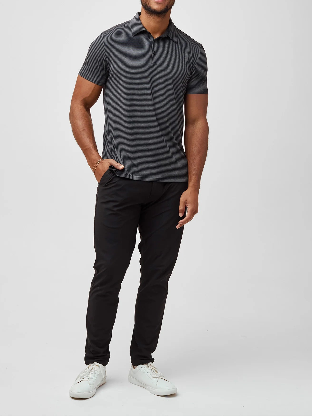 T-Shirt Plus Men's Black Charcoal Striped Performance Polo – Moisture-Wicking Cool Fabric