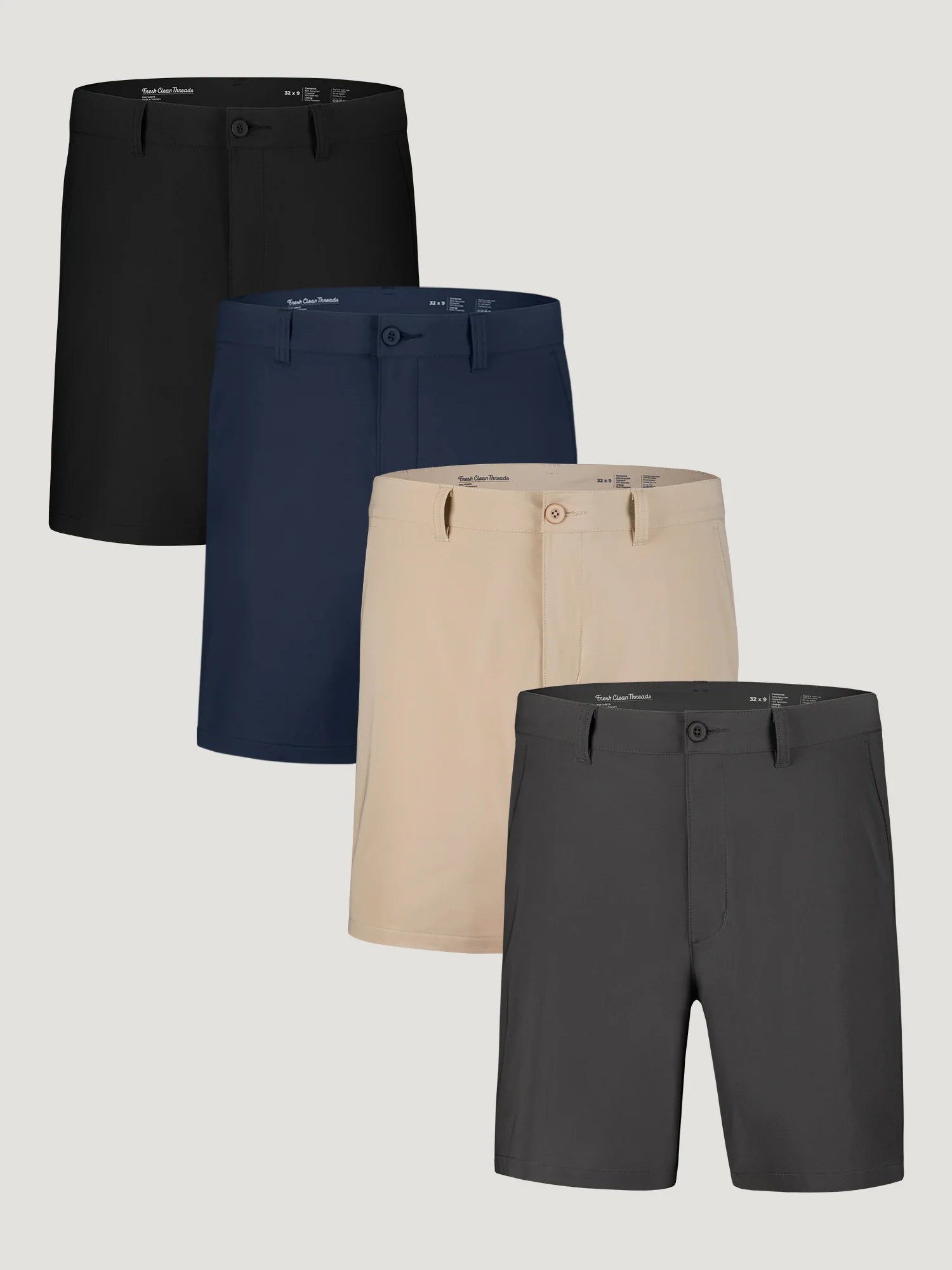 T-Shirt Plus Everyday Shorts Staples 4-Pack in black, navy, khaki, and graphite colors